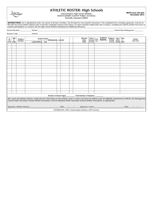 Fillable Athletic Roster: High Schools Printable pdf