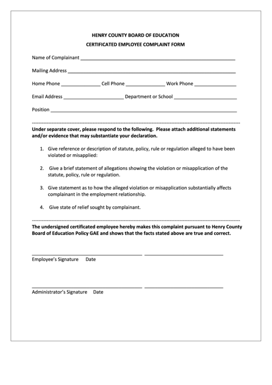 Henry County Board O F Education Certificated Employe E Complaint Form Printable pdf