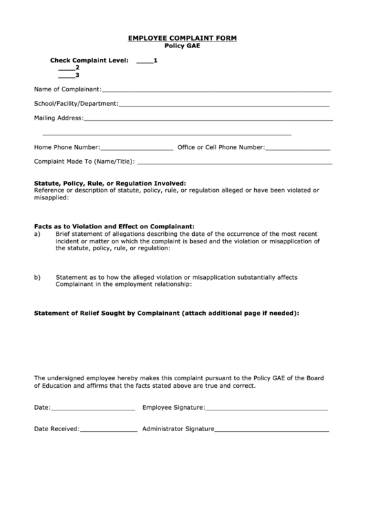 Employee Complaint Form Printable pdf