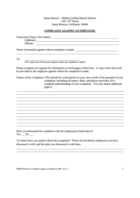 Smmusd Form: Complaint Against An Employee Printable pdf