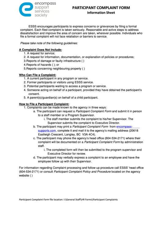 Participant Complaint Form Printable pdf