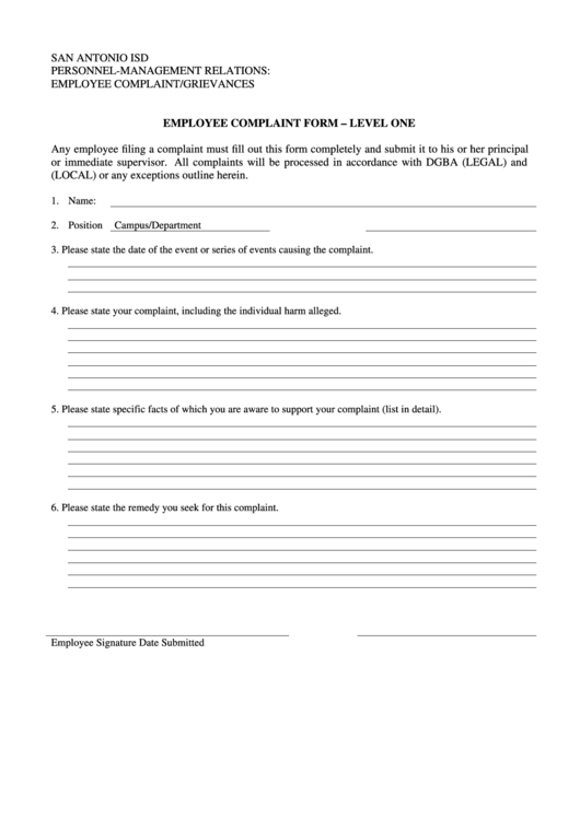 Employee Complaint Form - Level One Printable pdf