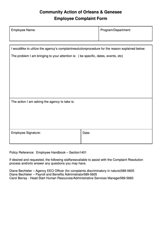 Community Action Of Orleans & Genesee Employee Complaint Form Printable pdf