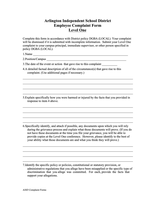 Fillable Arlington Independent School District Employee Complaint Form Level One Printable pdf