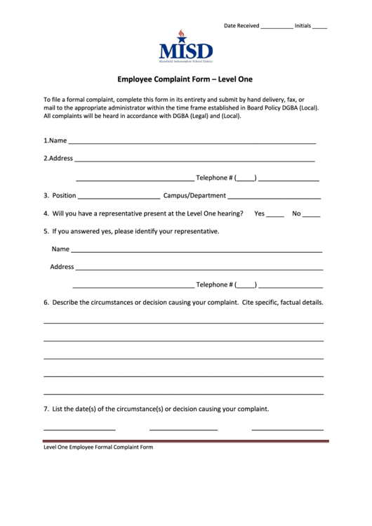 Employee Complaint Form - Level One Printable pdf