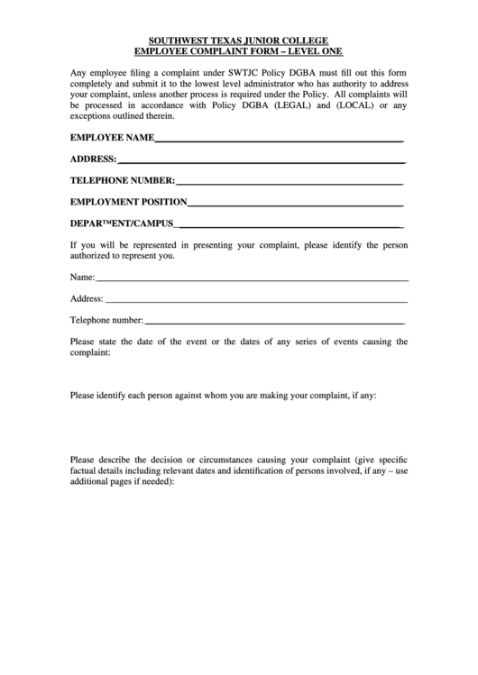 Southwest Texas Junior College Employee Complaint Form - Level One Printable pdf