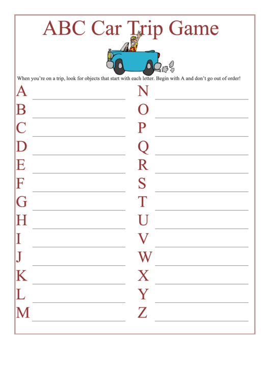 Abc Car Trip Game Score Sheet Printable pdf