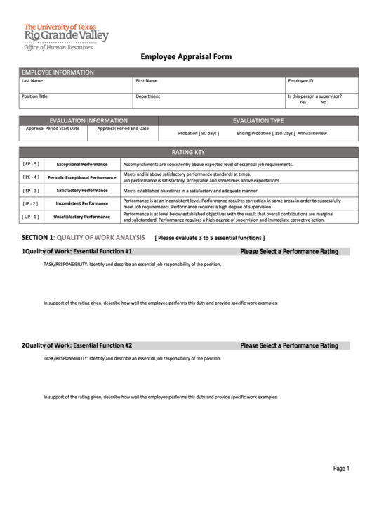 Fillable The University Of Texas Employee Appraisal Form Printable pdf