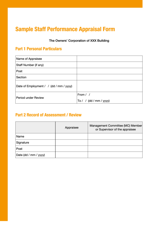 Sample Staff Performance Appraisal Form Printable pdf