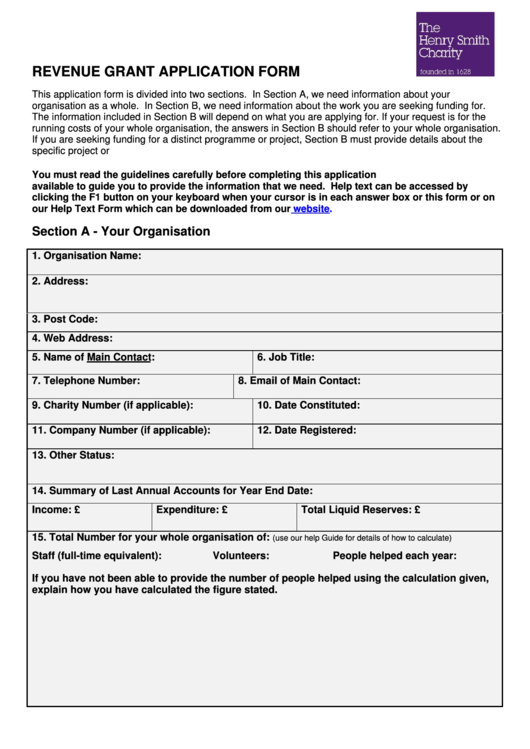 Revenue Grant Application Form Printable pdf