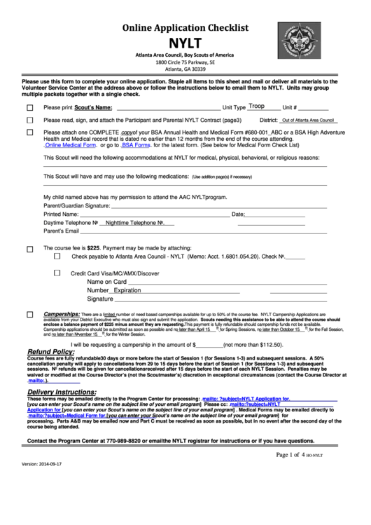 Fillable Atlanta Area Council - Nylt Application Checklist Printable pdf