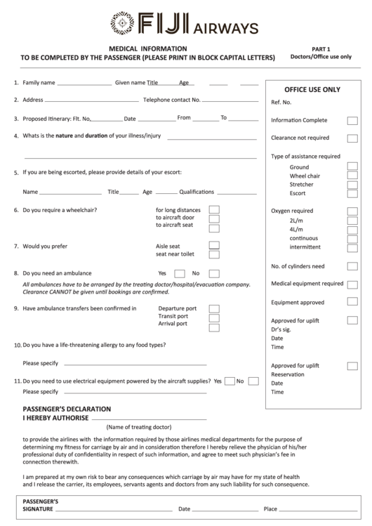 Airways Passenger Medical Form Printable pdf