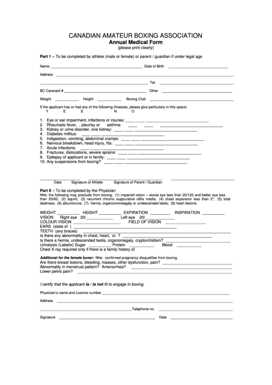 Annual Boxers Medical Form Printable pdf