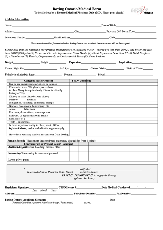 Boxing Ontario Medical Form Printable pdf