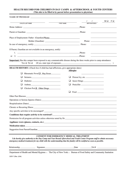 Health Record Form For Children In Day Camps , Afterschool And Youth Centers Printable pdf
