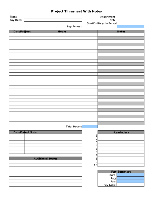 Timesheet Template With Project Notes Printable pdf