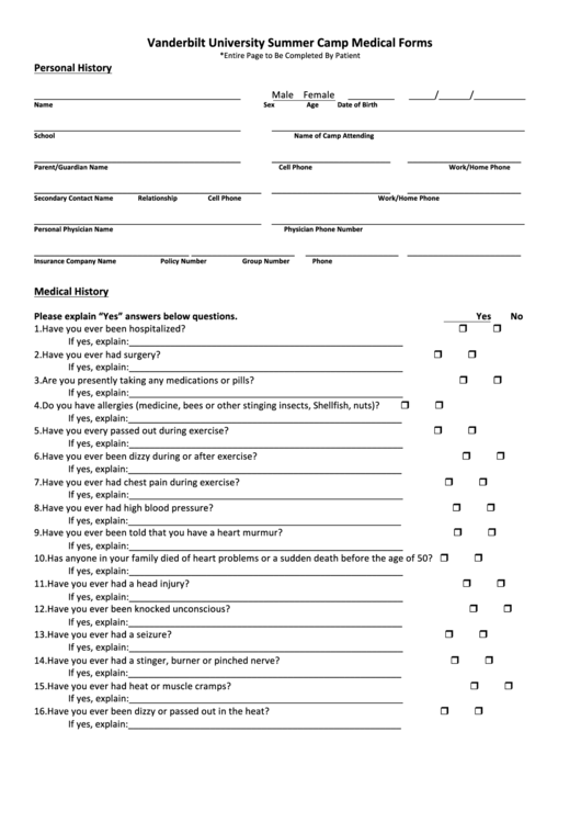 Summer Camp Medical Form Printable pdf