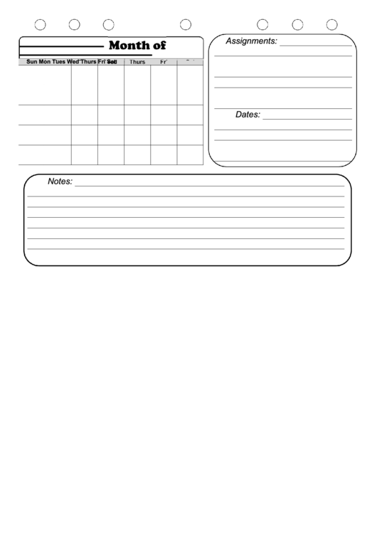 B/w Student Planner Calendar With Notes Printable pdf