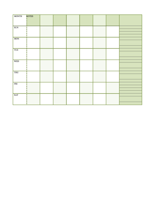 Undated Monthly Calendar Template With Notes Printable pdf