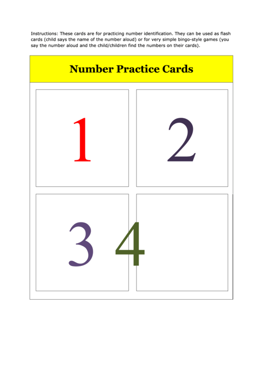 Number Flash Card Template - 1 To 4 Printable pdf