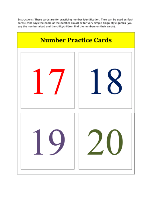 Number Flash Card Template - 17 To 20 Printable pdf