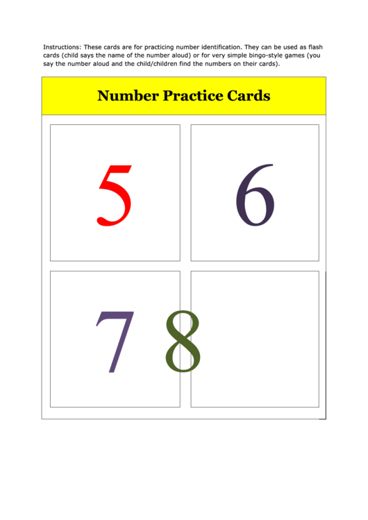 Number Flash Card Template - 5 To 8 Printable pdf