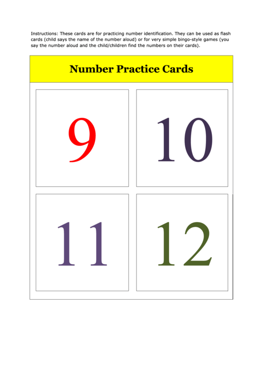 Number Flash Card Template - 9 To 12 Printable pdf