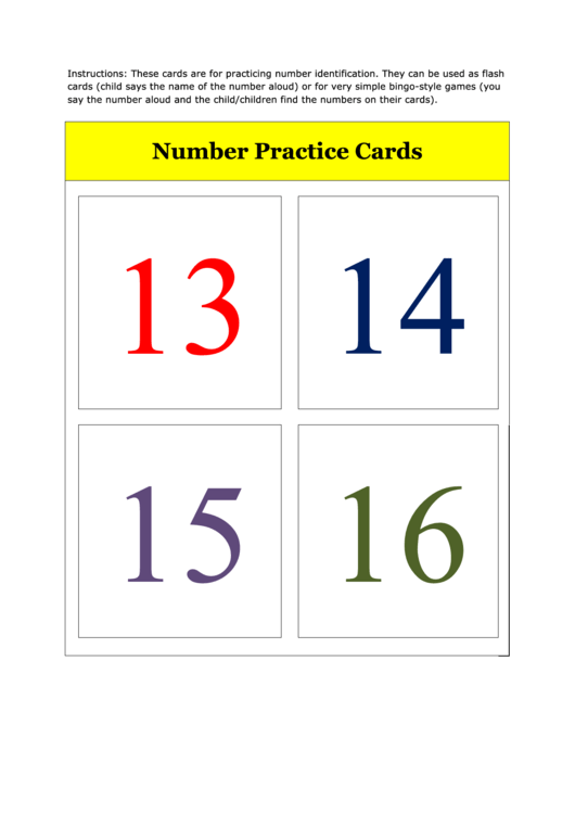 Number Flash Card Template - 13 To 16 Printable pdf