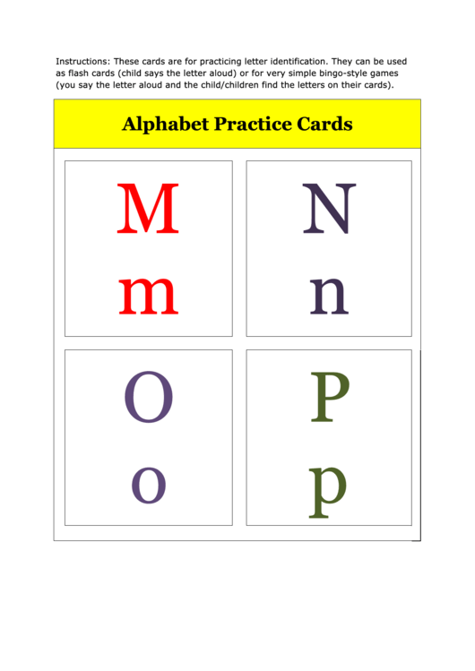 M To P Alphabet Practice Card Template Printable pdf