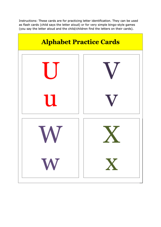 U To X Alphabet Practice Card Template Printable pdf