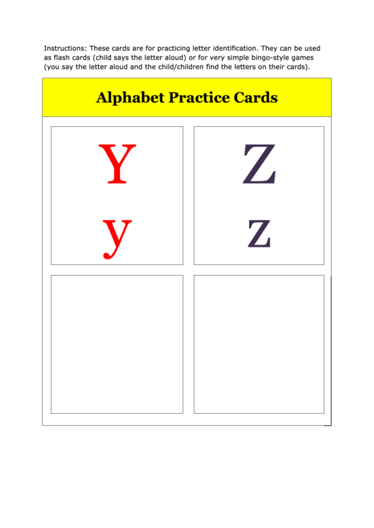 Y & Z Alphabet Practice Card Template Printable pdf