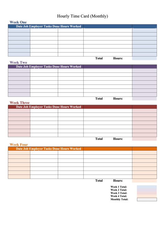 Monthly Hourly Time Card Template Printable pdf