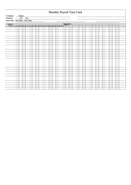 Monthly Payroll Time Card Template Printable pdf