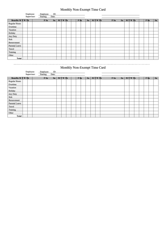 Monthly Non Exempt Time Card Template Printable pdf