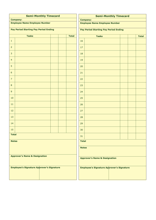 Semi-Monthly Time Card Template Printable pdf