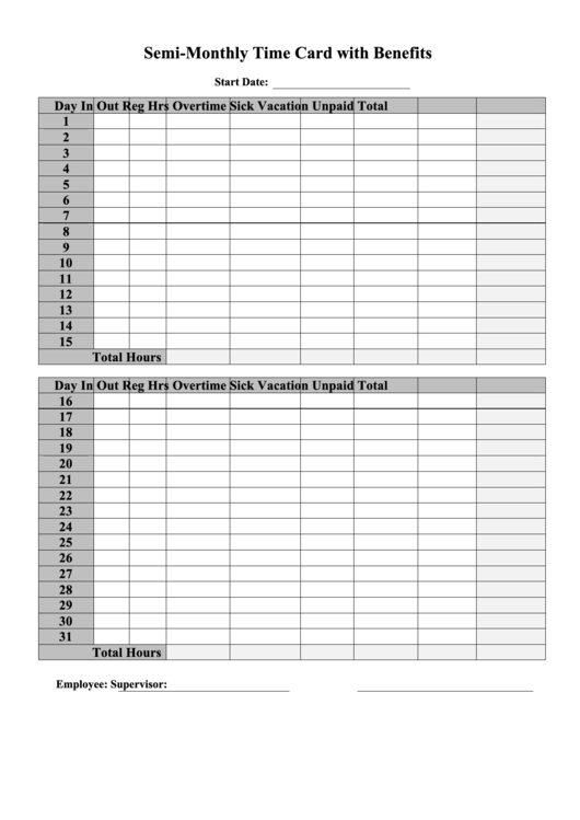 Semi Monthly Time Card Template With Benefits Printable pdf