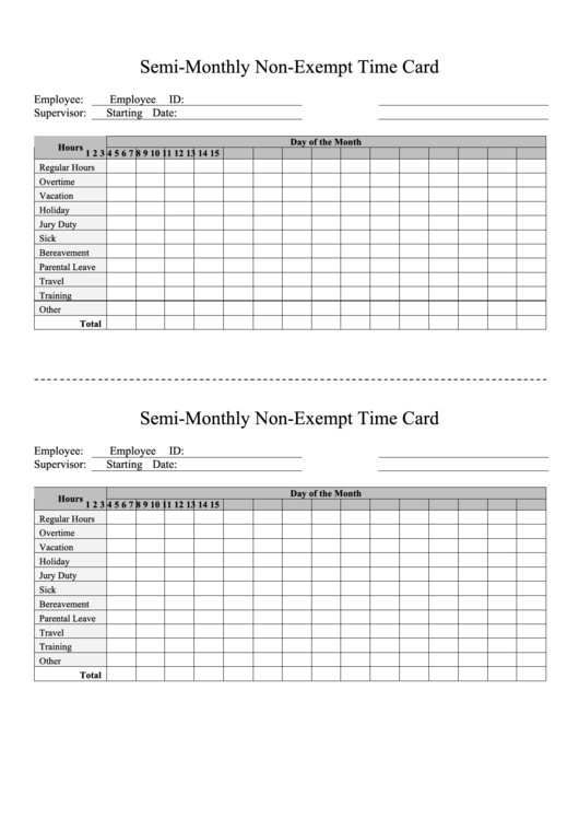 Semi Monthly Non Exempt Time Card Template Printable pdf