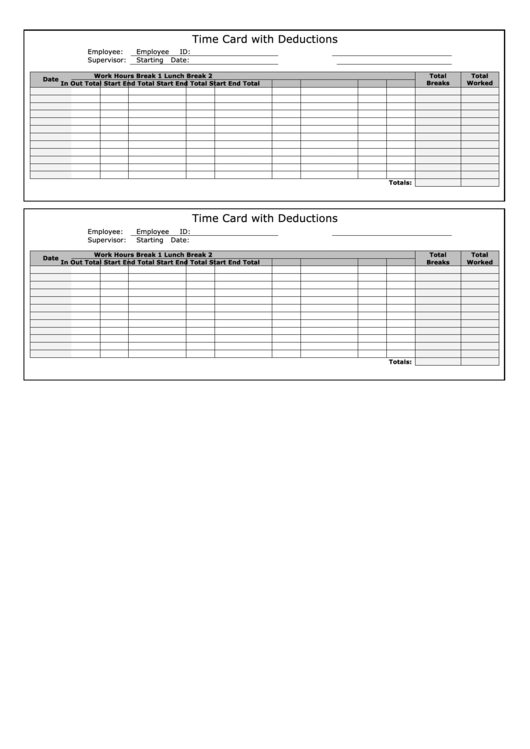 Time Card Template With Deductions Printable pdf