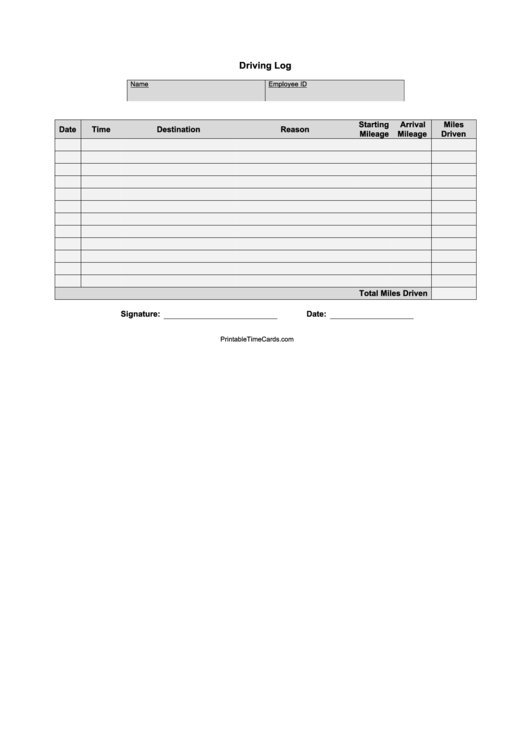 Driving Log Template Printable pdf