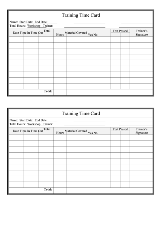 Training Time Card Template Printable pdf