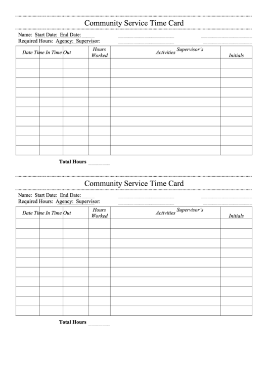 Community Service Time Card Template Printable pdf