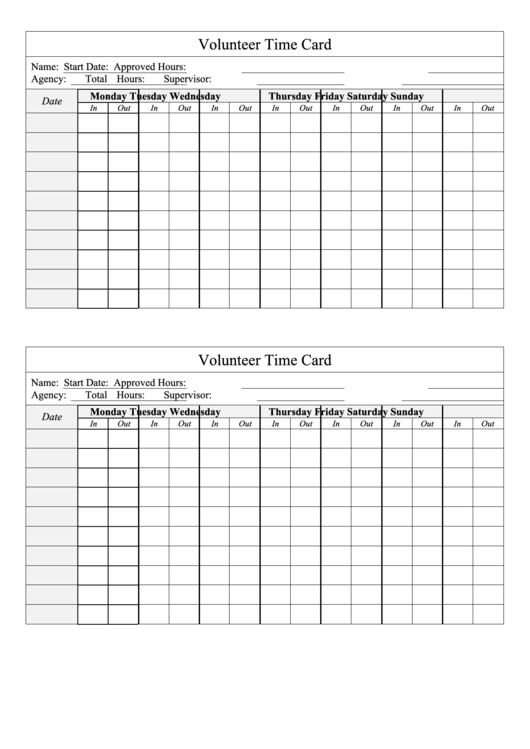 Volunteer Time Card Template Printable pdf