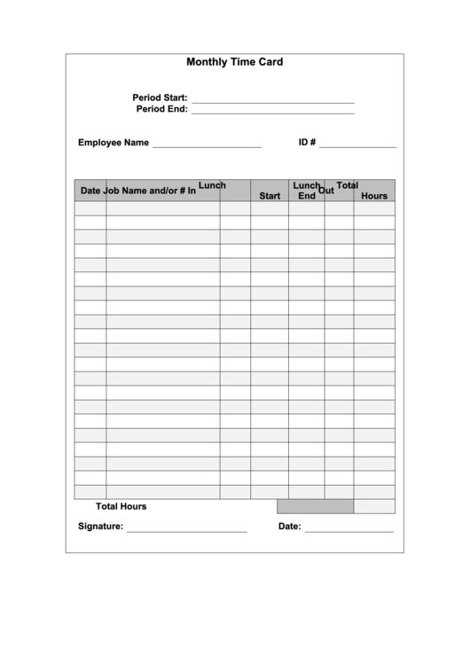 Monthly Time Card Template Printable pdf