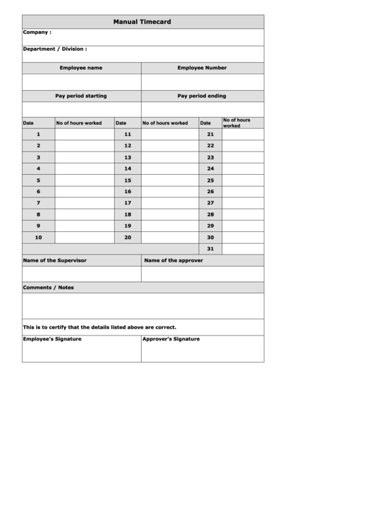 Manual Timecard Template For Month Printable pdf