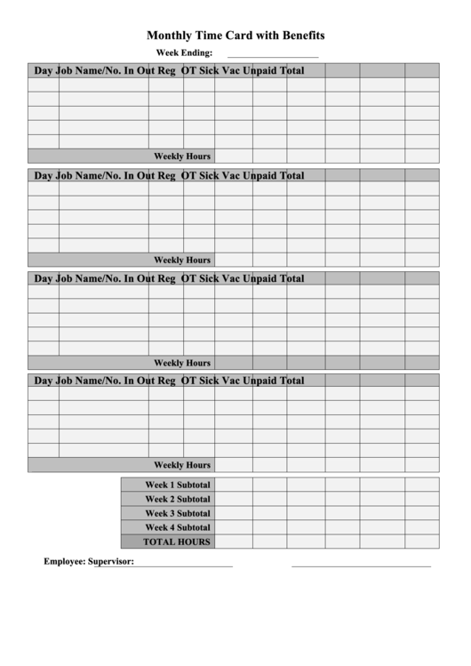 Monthly Time Card Template With Benefits Printable pdf