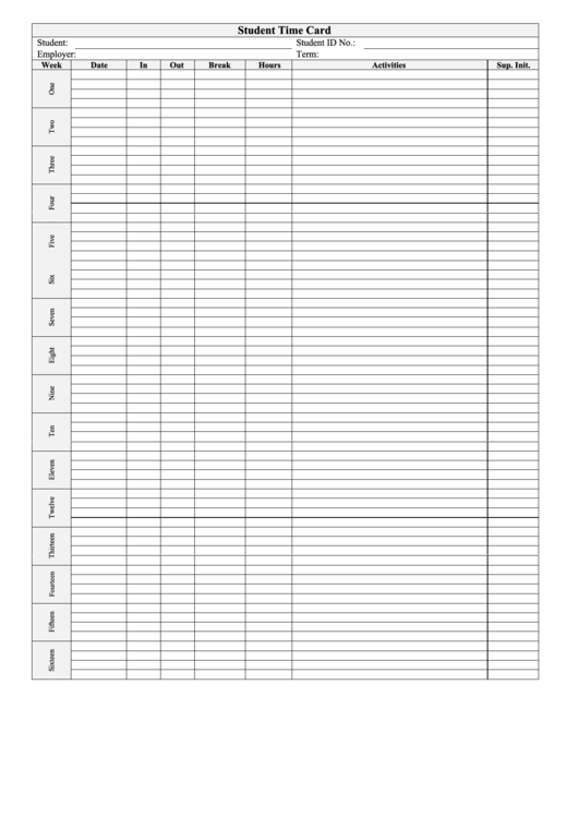 Student Time Card Template printable pdf download