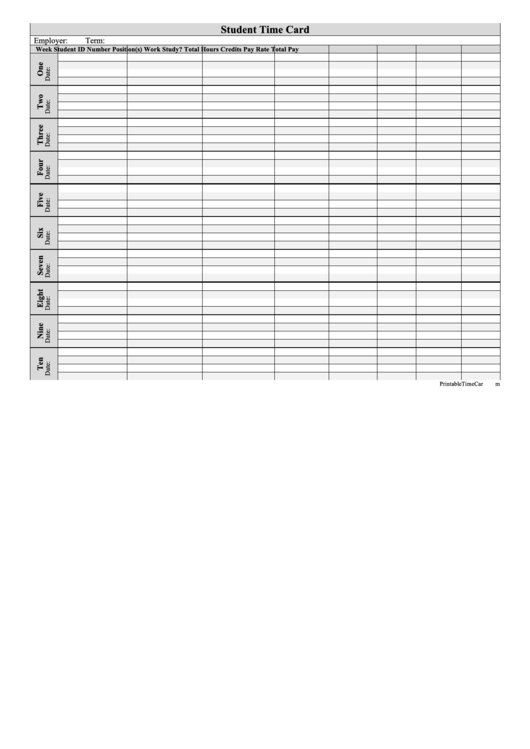 Student Time Card Template Printable pdf