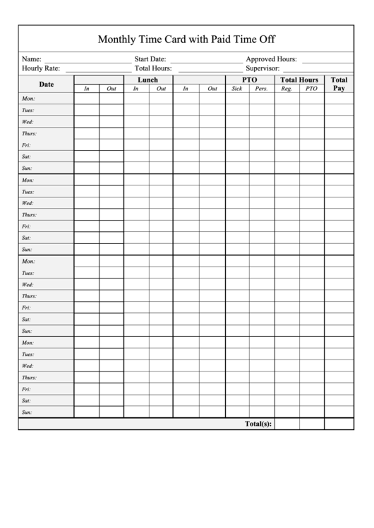 Monthly Time Card Template With Paid Time Off Printable pdf