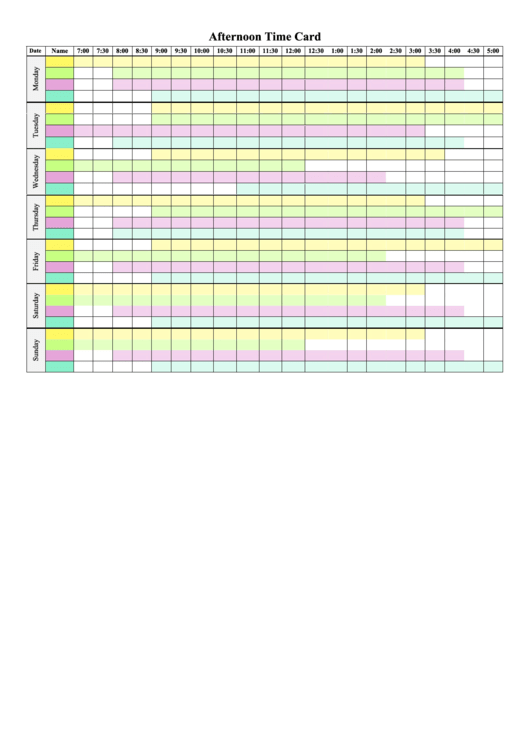 Afternoon Time Card Template - Colored Printable pdf