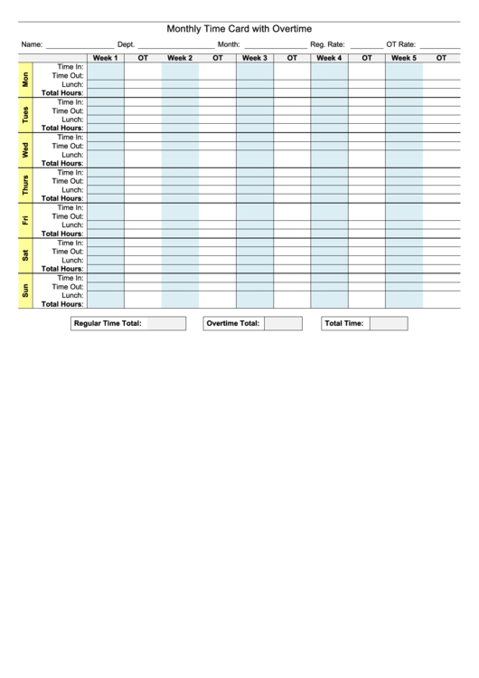 Monthly Time Card Template With Overtime Printable pdf